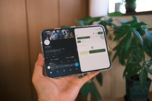 開いたiPhone Duoの内側画面で2つのアプリを並べて表示した様子